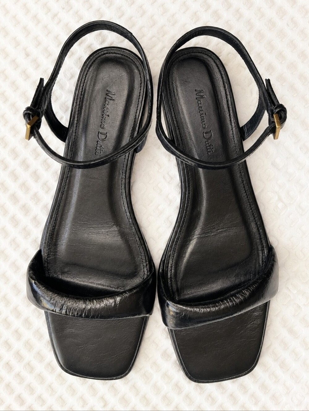 Massimo Dutti Black Patent Leather Square-Toe Ankle-Strap Sandals, made in Spain